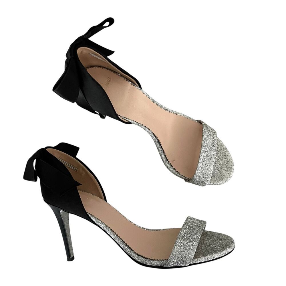 J. Crew D'orsay Sandals Silver Glitter Satin Bow Size 9M Chic Statement Heels
